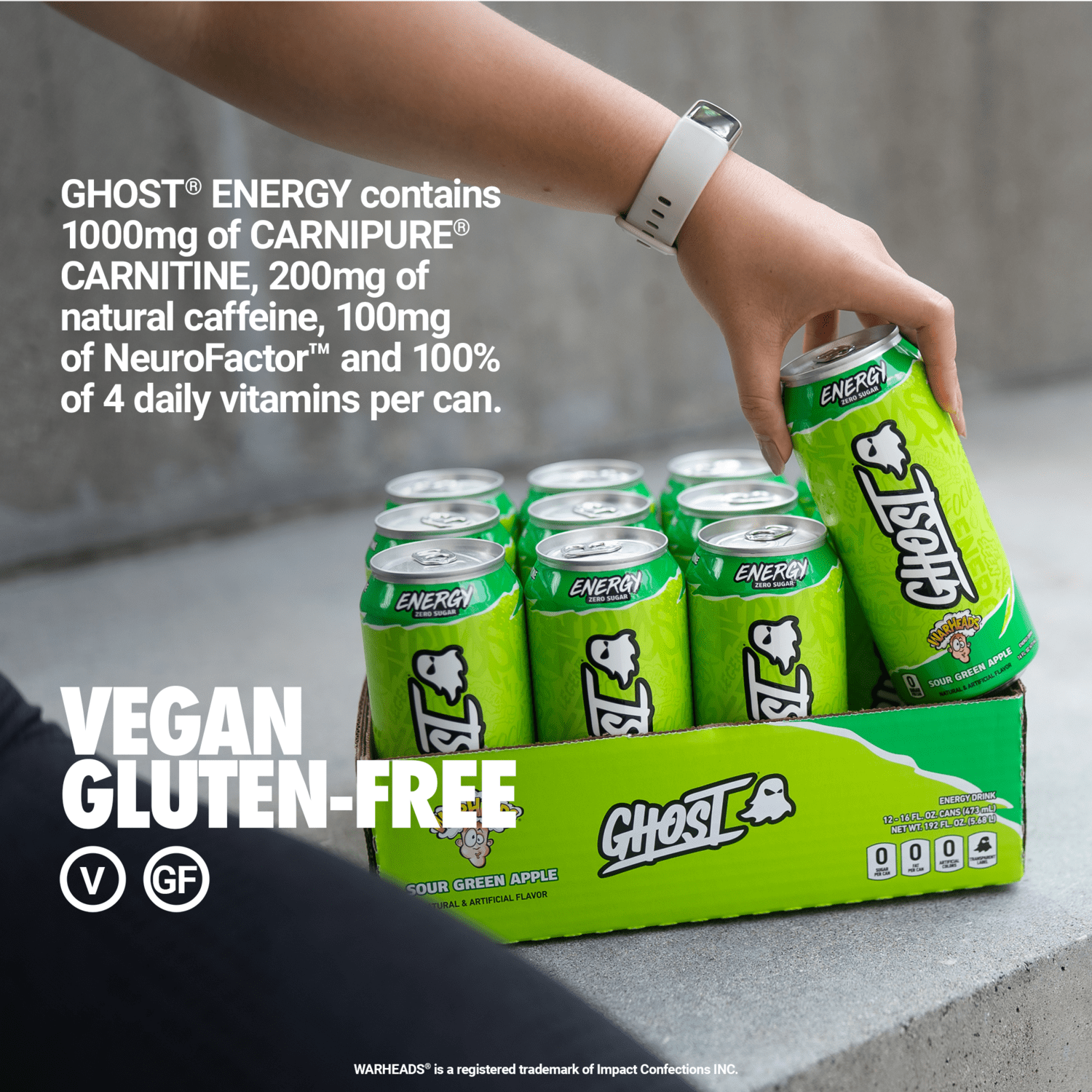 GHOST Zero Sugar Energy Drink, WARHEADS Sour Green Apple, 16 oz Can, 12 Pk
