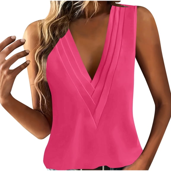 Womens Summer Tank Tops Dressy Casual Pleated Plus Size Sleeveless Blouses V Neck Trendy Work Shirt Vest Hot Pink, 3XL