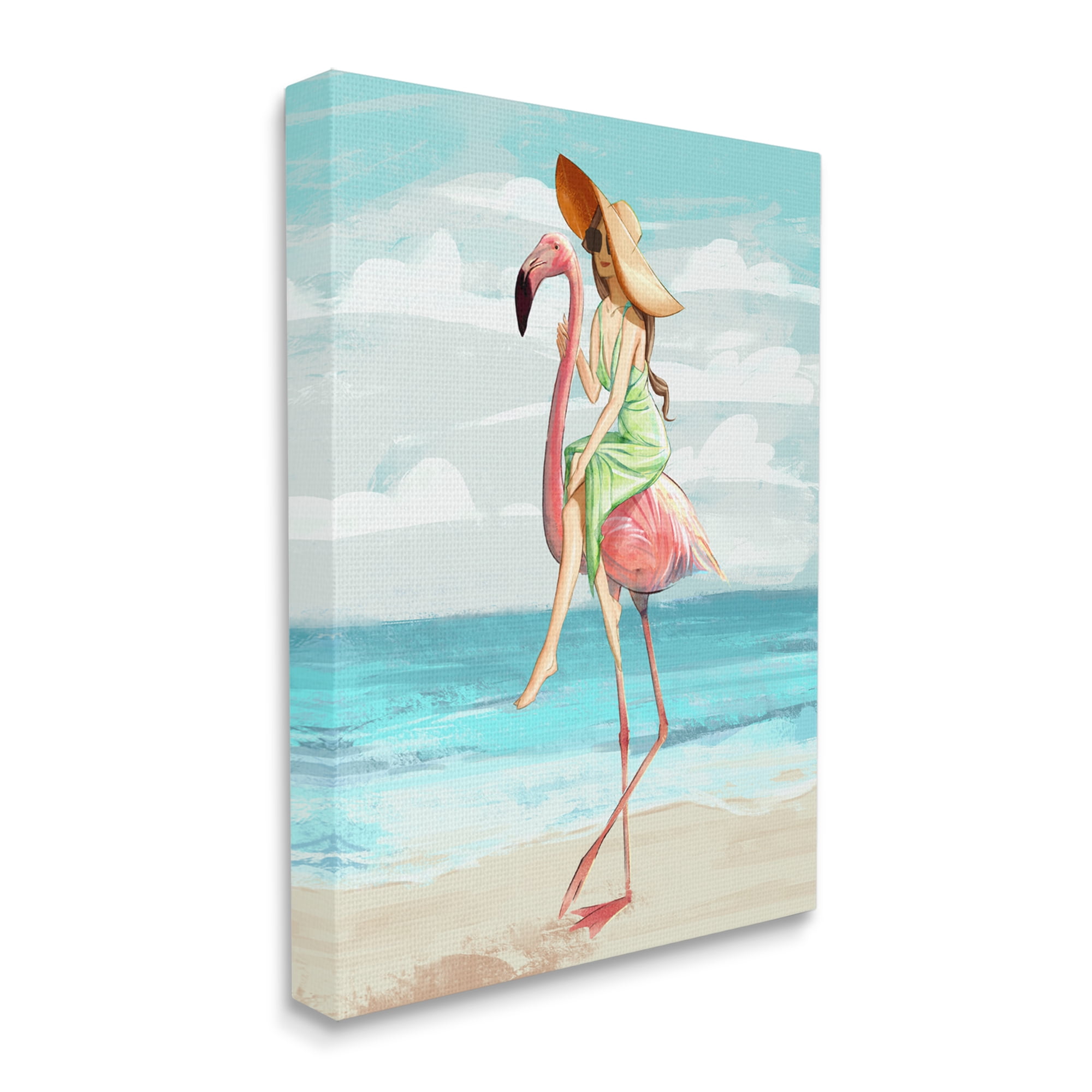 Beach Woman Riding Pink Flamingo Tall Tropical Bird 24 in x 30 in Painting Canvas Art Print, by Stupell Home Décor