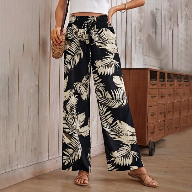 WILLBEST Pantalones Casuales para Mujer 2024, Estilo Tropical, con Cordón, Cintura Alta, Pierna Ancha, para Un Estilo Relajado y Cómodo. Mediana