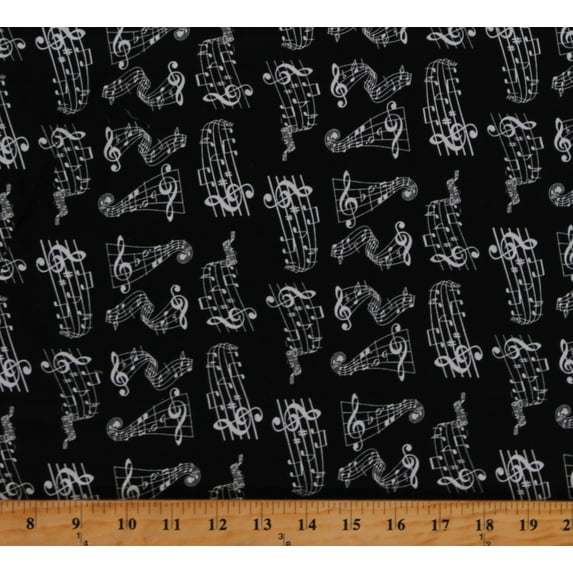 Cotton Treble Clef Music Notes Eighth Notes Songs Music Swirly Notes Sharps Flats Black Cotton Fabric Print by the Yard (96628-CA61220)