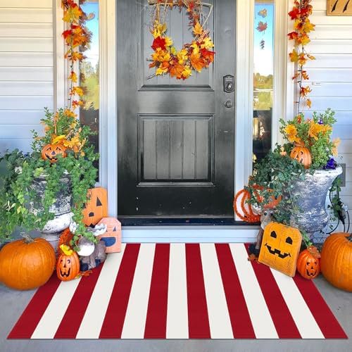Red White Striped Outdoor Rug 3x5 Ft Woven Christmas Area Rug Washable Front Door Rugs for Front Porch Kitchen Entryway Patio Dining Room Holiday Decor