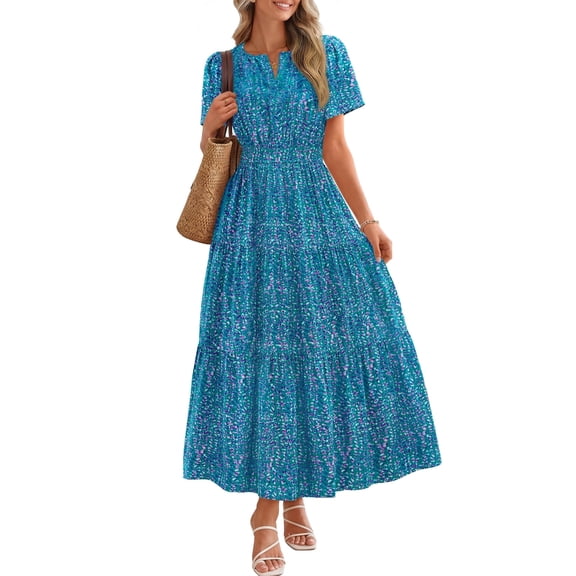 MEROKEETY Womens 2026 Spring Summer V Neck Short Sleeve Boho Floral Tiered Midi Dress with Pockets bluegreen l