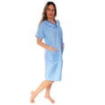 thumbnail image 3 of Women's Short Sleeve Woven Snap-Front Closure Housecoat Duster Lounge Stripe Nightgown Robe, Medium Blue, 3 of 5