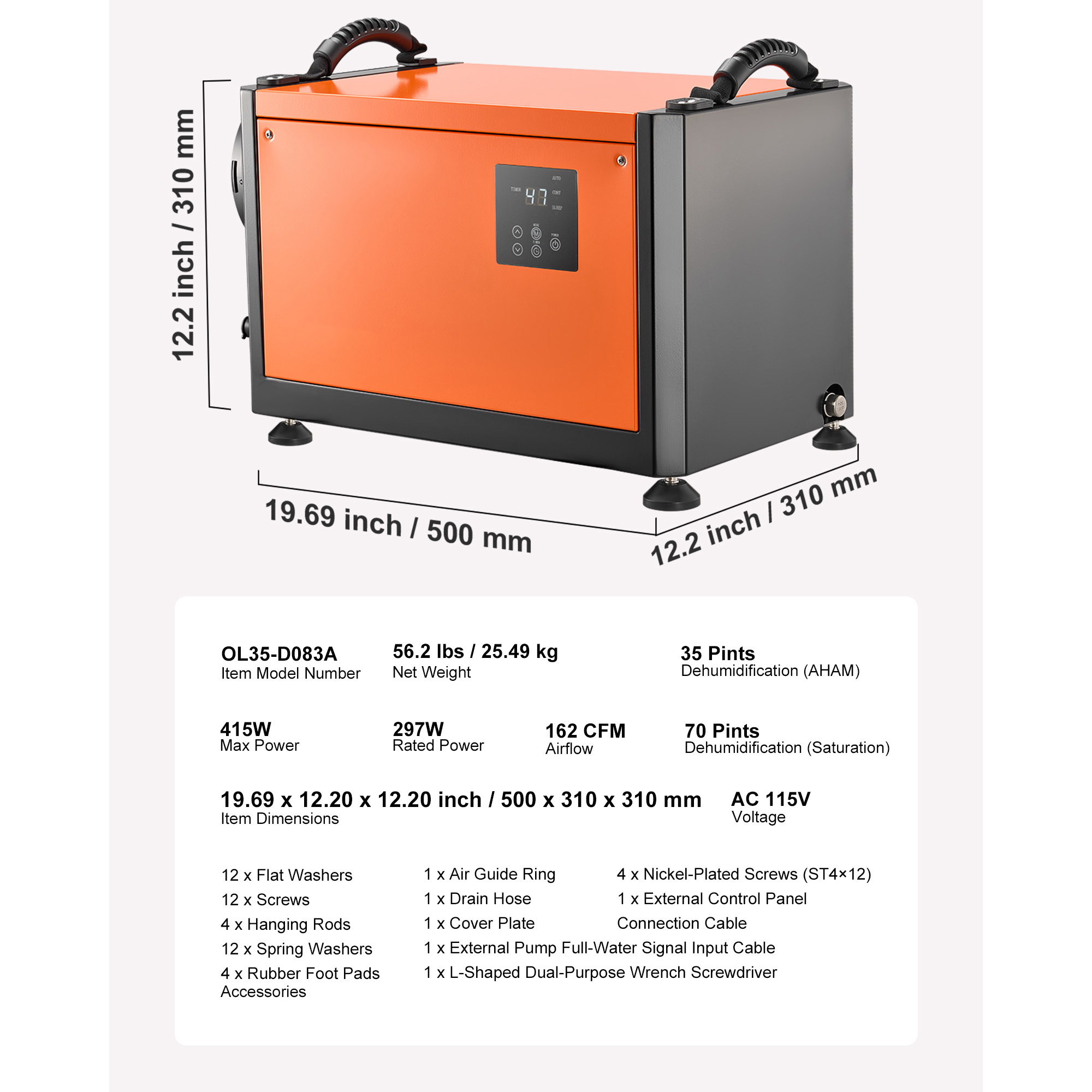 KFFKFF 70-Pint Commercial Dehumidifier with Drain Hose, Q235 Galvanized Steel, 19.69 x 12.20 x 12.20 inch