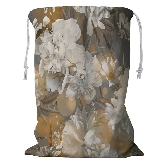 EREHome vintage floral white peonies light grey gold Storage Basket Laundry Bag with Drawstring 24x32 Inch