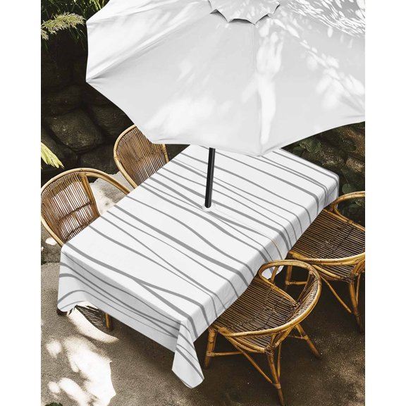 Outdoor Tablecloth with Umbrella Hole, Abstract Lines Texture Zippered Table Cloth for Rectangle Tables, Modern Gray Stripes Washable Waterproof Tablecloths for Picnic Patio Garden