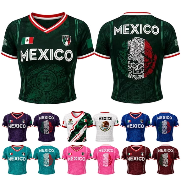 2026 New Mexico Soccer Jerseys Women, Mexico National Team Supporter Shirt, Mexican Jersey Soccer Crop Top, V-Neck Short Sleeve Football Tee for Sports Casual Daily Use for Adult