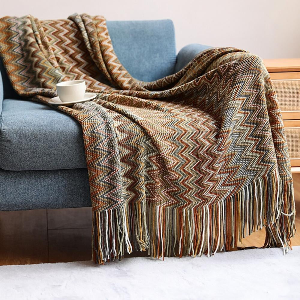 Knit Throw Blanket 50 x 60 inches Khaki Throw Blanket for Couch Textured Solid Sofa Decorative Lightweight Throw with Tassel Fringes for Bed Living Room 