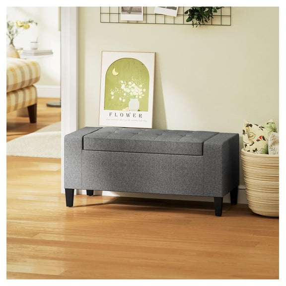 36" Storage Ottoman, Linen Bench with Lift Top, Rubberwood Legs, Gray