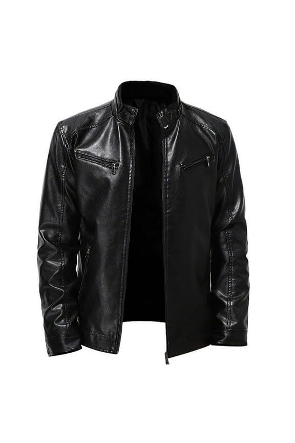 Men Faux Leather Jacket, Fall/Winter Thickening Coat Long Sleeve Zip Up Outwear Sports Basic Parka with Pocket