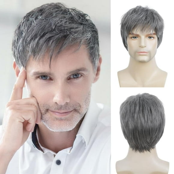 PinesC Short Grey Wigs for Men Natural Fluffy Hair Costume Wigs Daily Replacement Wig for Male Guy Grey