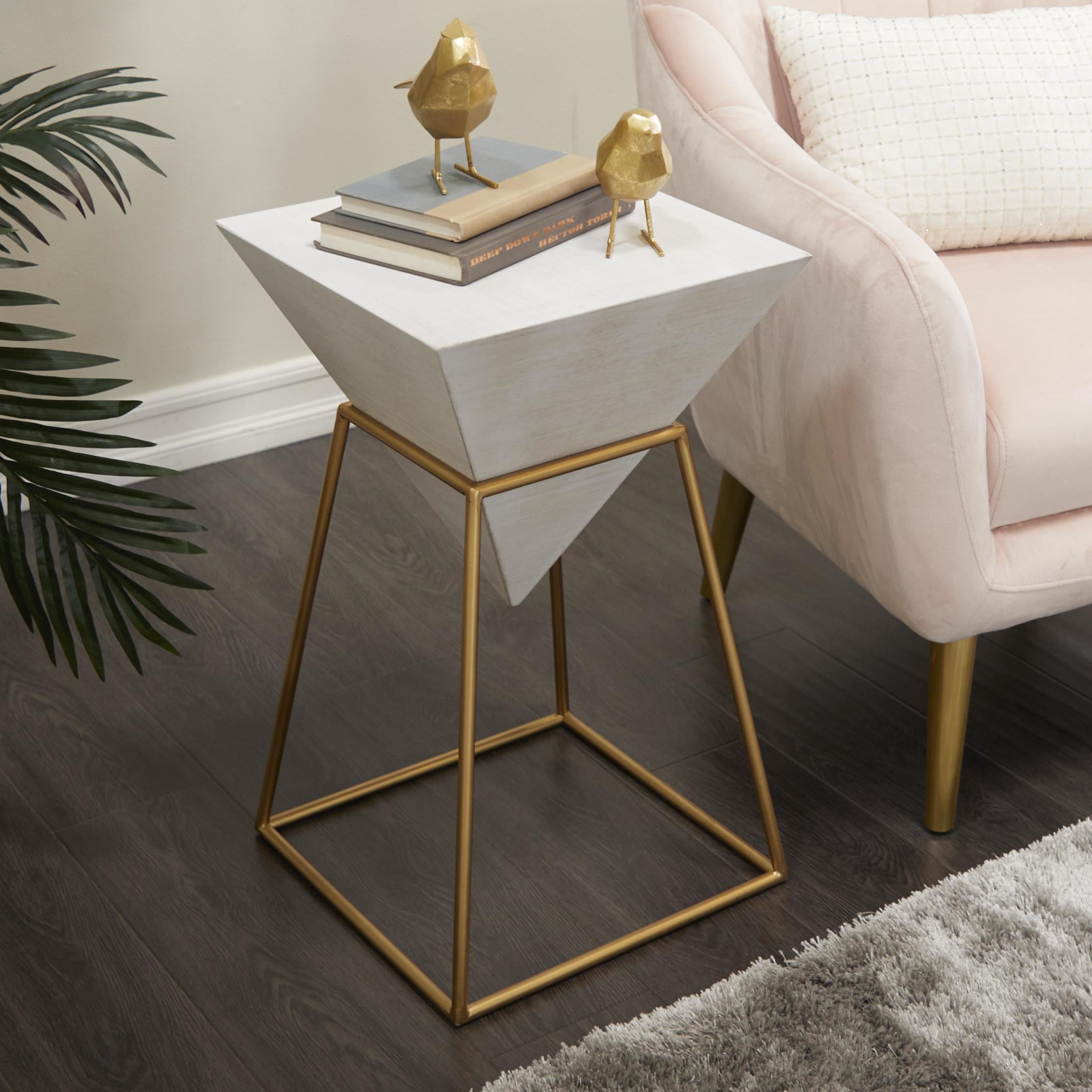 DecMode 14" x 24" White Wood Inverted Pyramid Geometric Accent Table with Gold Metal Stand, 1-Piece
