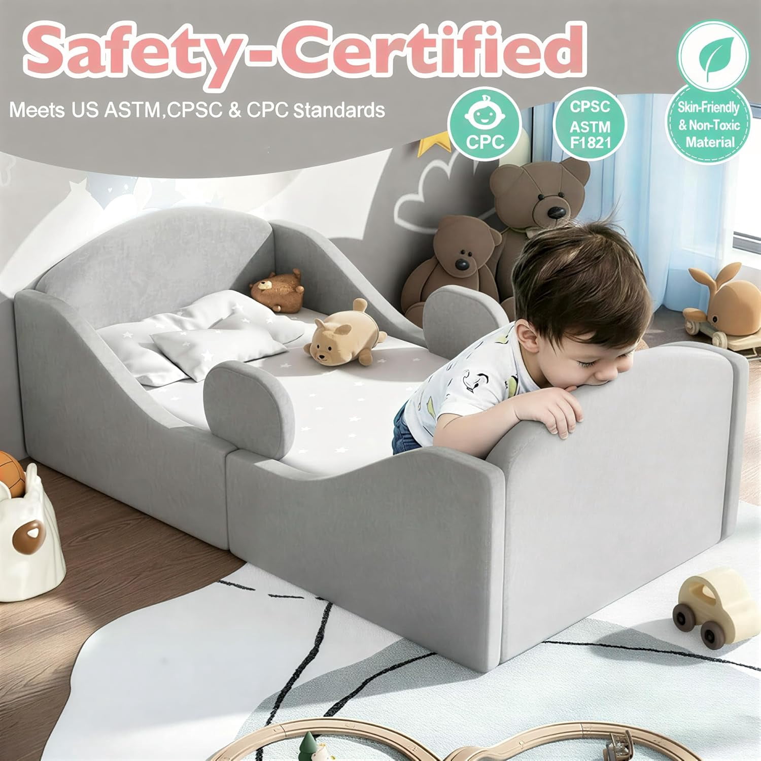 Toddler floor bed with removable safety rails, suitable for both boys and girls, standard crib size, soft-padded safety mattress, low-profile design (Grey).