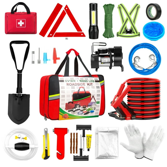 Car Emergency Roadside Kit -Auto Vehicle Safety Road Side Assistance Kits with Portable Air Compressor, Jumper Cables,for Women Men, with Safety Hammer, Tow Rope