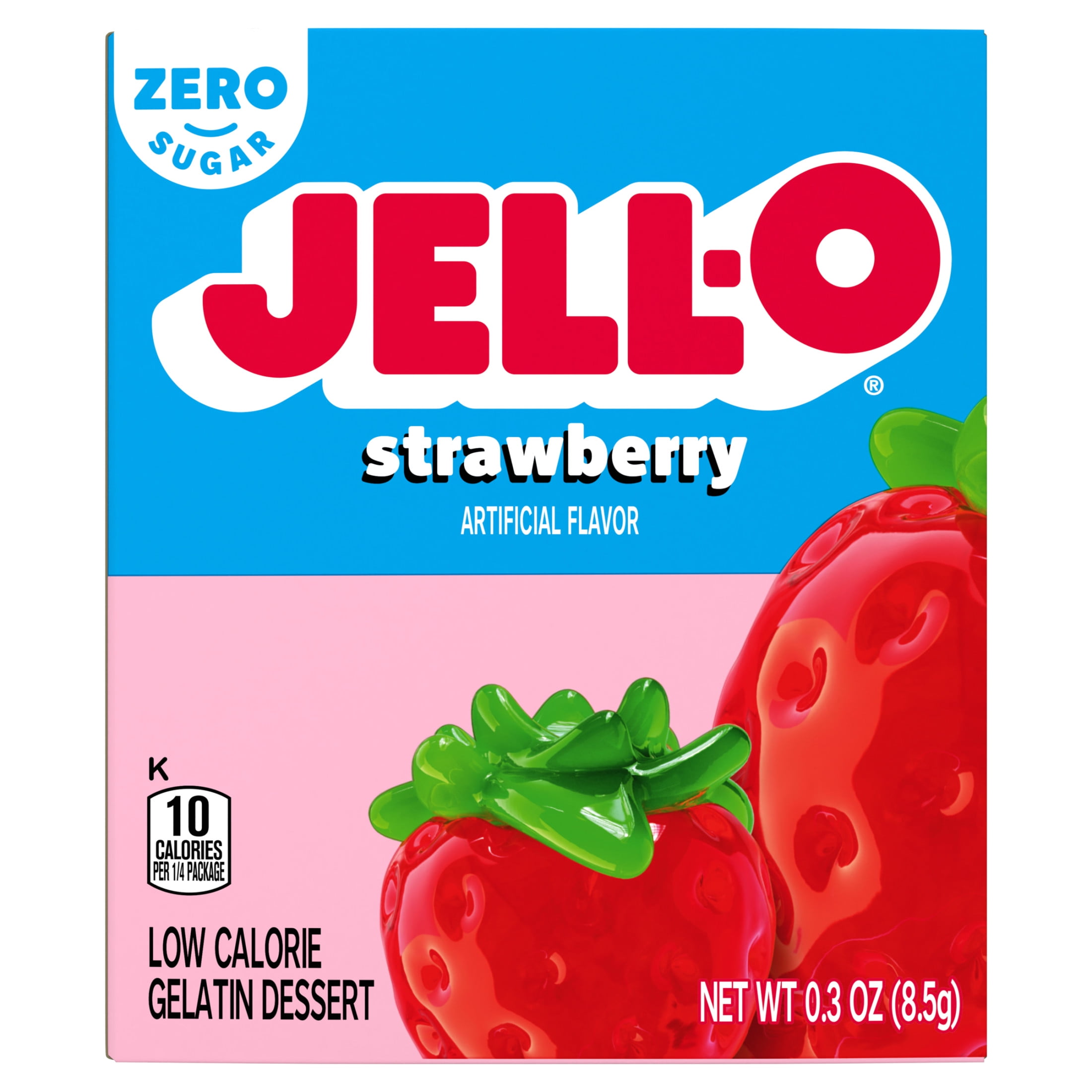 Jell-O Strawberry Zero Sugar Low Calorie Gelatin Dessert Mix, 0.3 oz Box