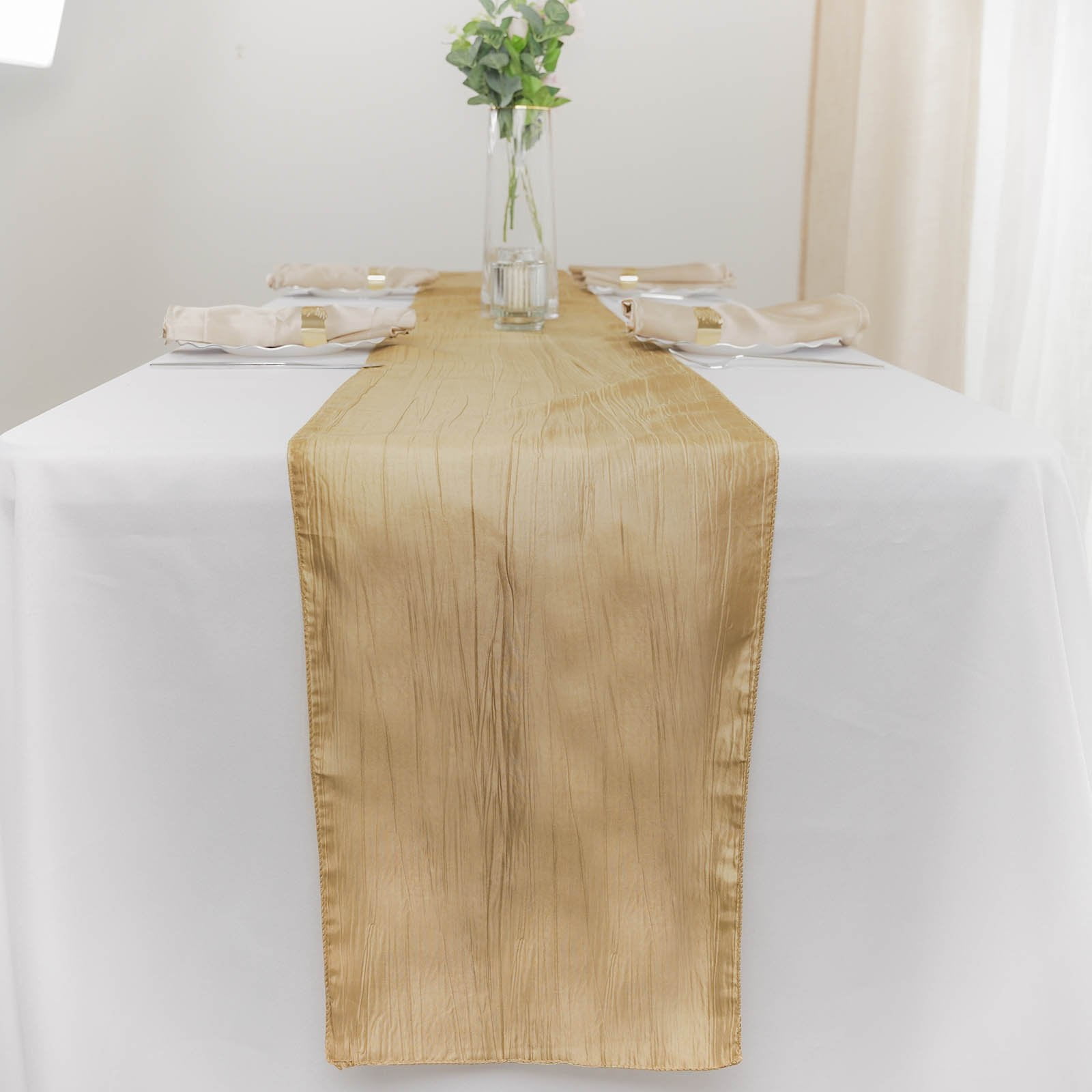 Efavormart 12" x 108" Gold Accordion Crinkle Taffeta Table Runner - Impeccable Metallic Glint of ...