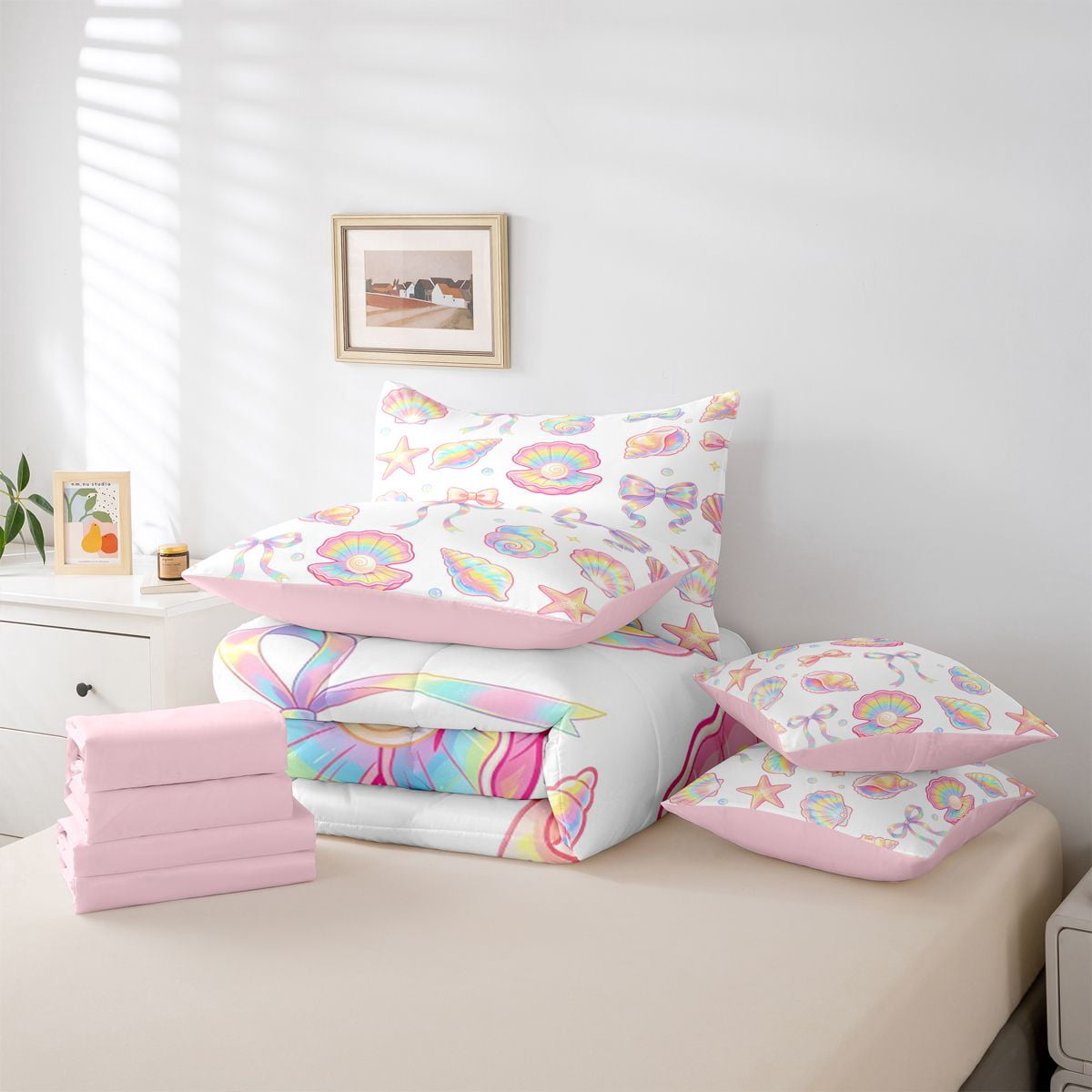 Manfei Colorful Gradient Bow 7-Piece Twin Bedding,Rainbow Conch Stars Bedding Comforter Set,Pink Reversible