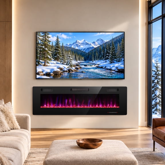 KISSAIR 60 inch Embedded Wall Mounted Indoor Fireplace, Ultra-thin Low Noise Lightweight LED Fireplace Heater, Touch Screen, Timer, 1500W, Adjustable Flame Color and Speed, Black