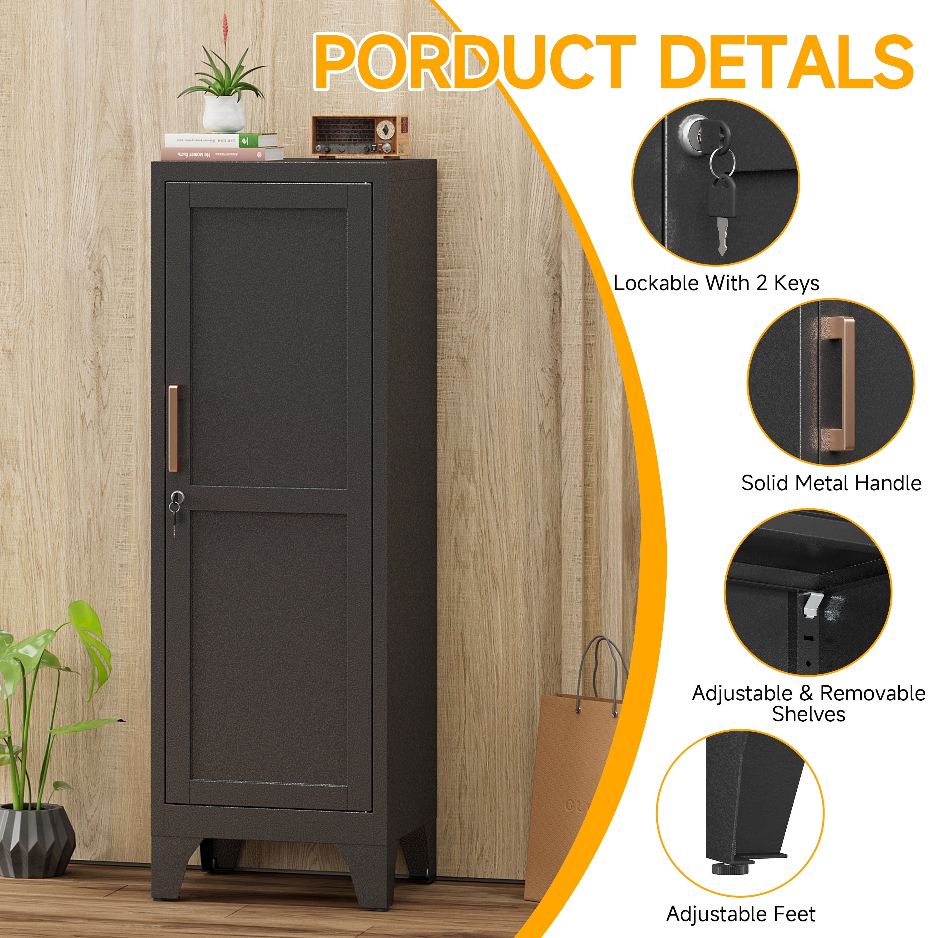 46"H Black Metal Pantry Cabinet with 1 Lockable Door and 2 Adjustable Shelves, 3 Tier Small Storage Cabinet with Detachable Legs and Vintage Handle for Kitchen,Home Office,Gym,School,Easy Assembly