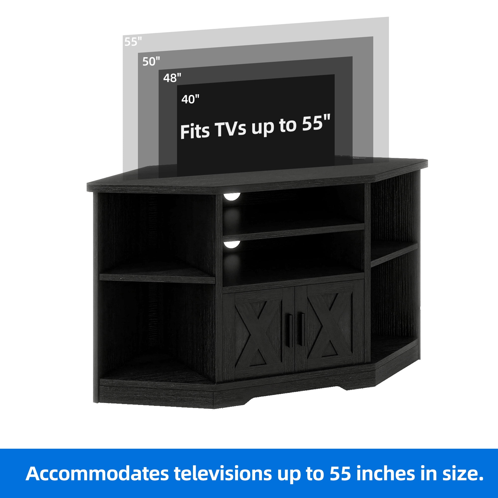 Uforic Farmhouse Corner TV Stand for TVs up to 55 inch with Power Outlet, Wood Entertainment Center with Storage, Black