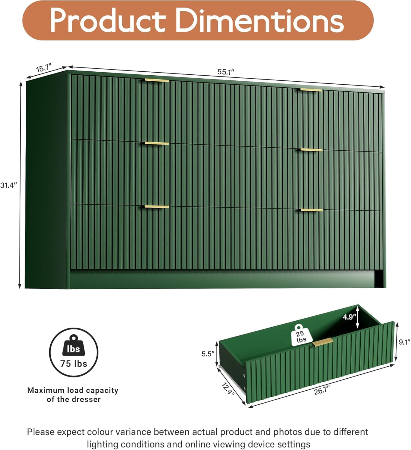 FURNIWAY Green 6 Drawer Dresser for Bedroom, 55 Inch Wide Modern Chest of Drawers with Fluted Wood Front and Gold Metal Handles for Living Room Hallway