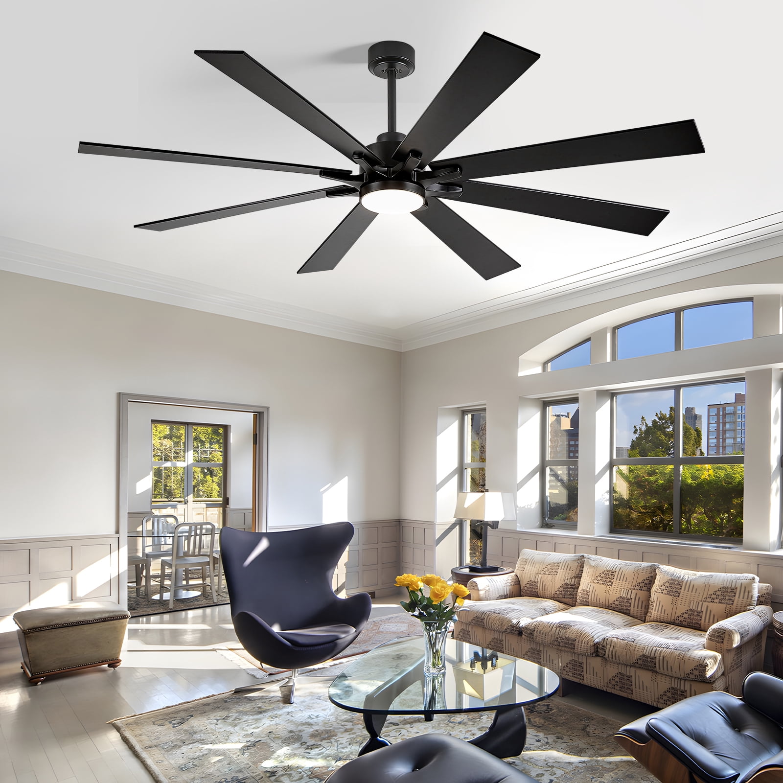 62 inch Black Ceiling Fan with Light, Remote Control, 8 Reversible Blades, High CFM Quiet DC Motor, 5-Cct Dimmable, for Indoor/Outdoor Bedroom