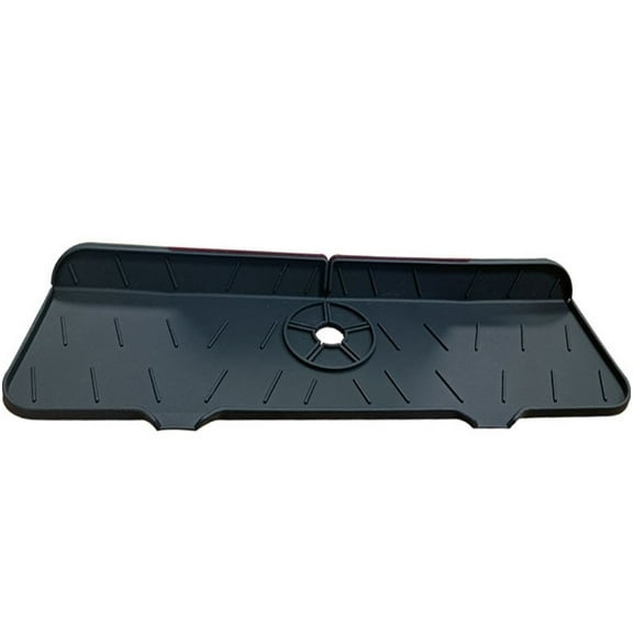 SSKDBFJG Silicone Faucet Splash Guard - Outlet & Slope Upgraded Faucet Water Catcher Mat - 14” x 5.5” - Sink Sponge Holder for Kitchen, Bathroom(Black)