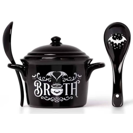 Pacific Giftware Bat Broth Soup Bowl With Serving Spoon, 5.91-Inch Width, Black