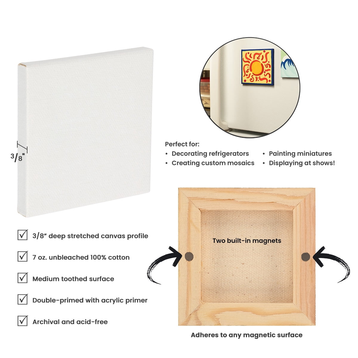 Creative Mark Ultra Mini Magnetic Cotton Canvas, Pack of 60, 3x3" Mini Canvas for Painting with Built in Magnets for Fridge Whiteboard Studio Display; Acrylic Primed For Oil or Acrylic Paint