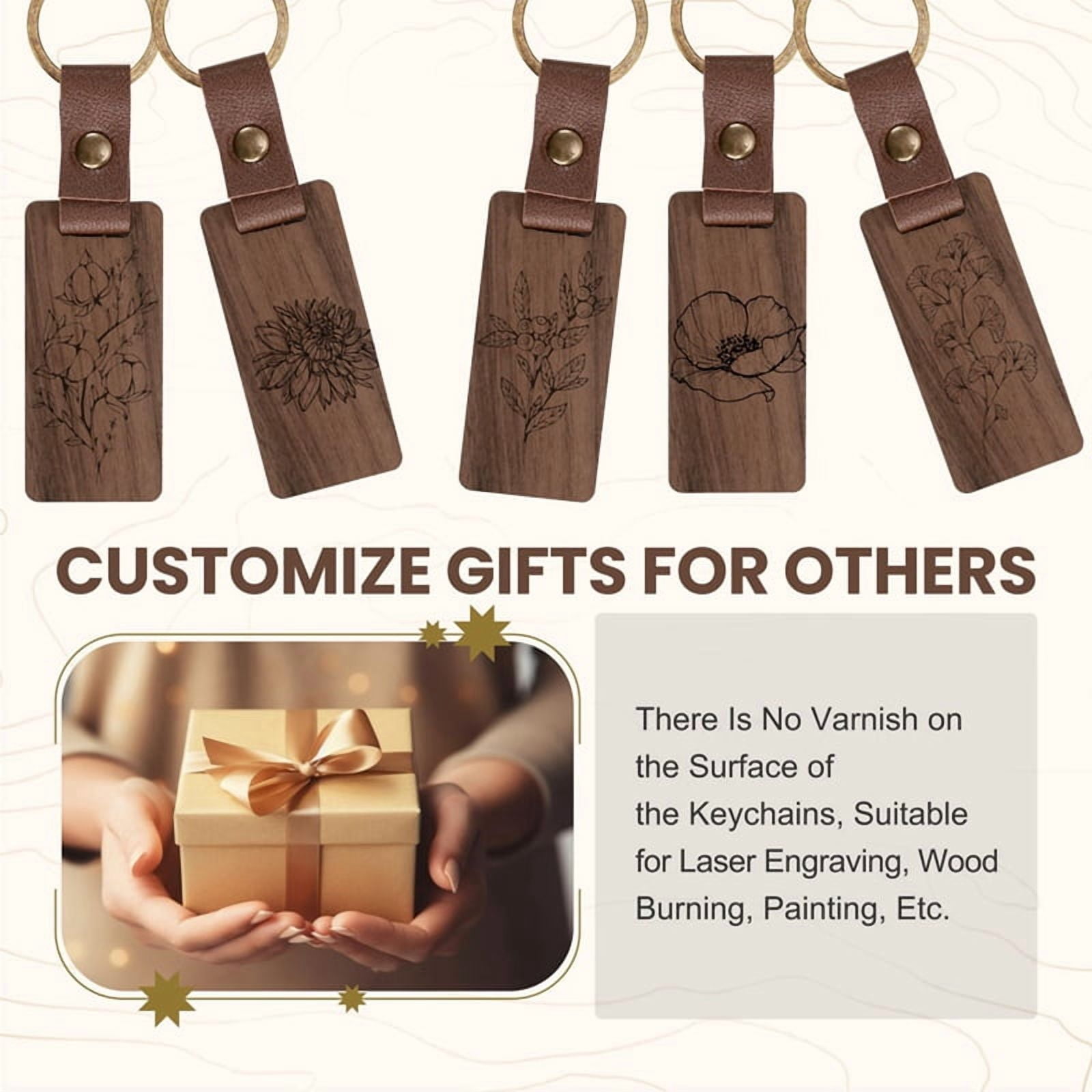 80 Pieces Wood Keychain Blanks with Leather Straps, Blank Leather Keychains for Engraving, for DIY Various Key Tags