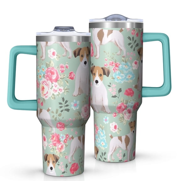 OBREWU Jack Russell Terrier Dog and Flower Tumbler with Handle and Lid,Jack Russell Terrier Dog and Flower 40oz Double Wall Vacuum Insulated Tumbler,Cups Gift for Women and Men