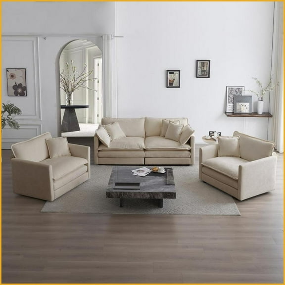 3-Piece Beige Chenille Sofa Set – 2 Arm Chairs   2-Seat Sofa with Pillows for Living Room | Cushion Back | Flared Arms | Solid Wood Frame