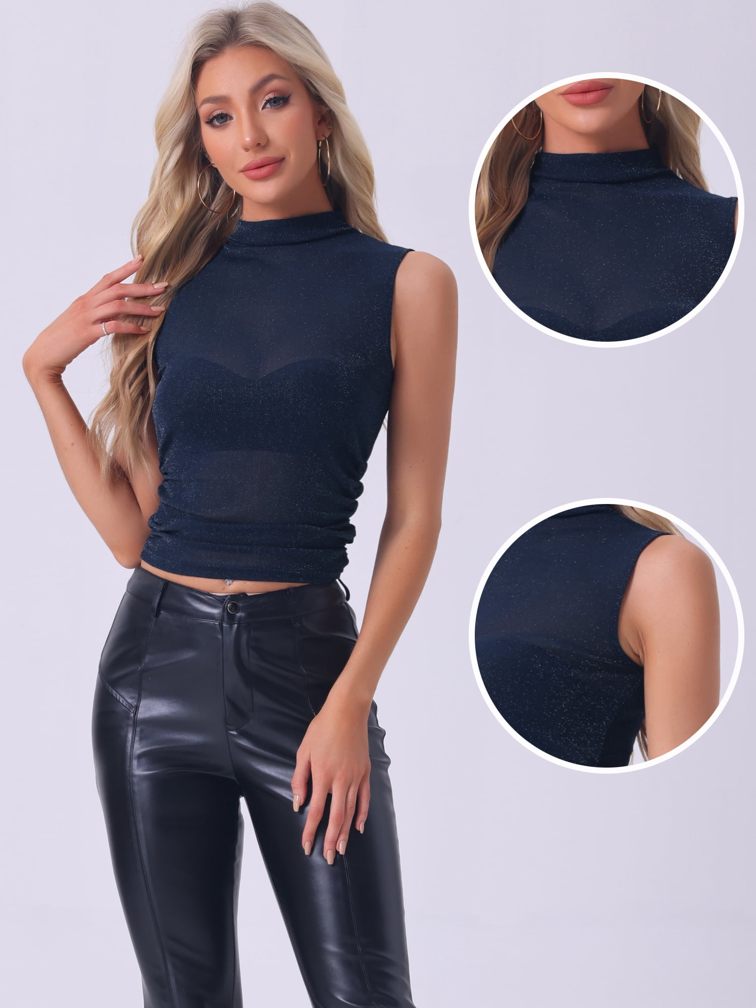 DARING DIVA Women's Summer Mock Neck Ruched Semi Sheer Y2K Tank Tops XL Dark Blue