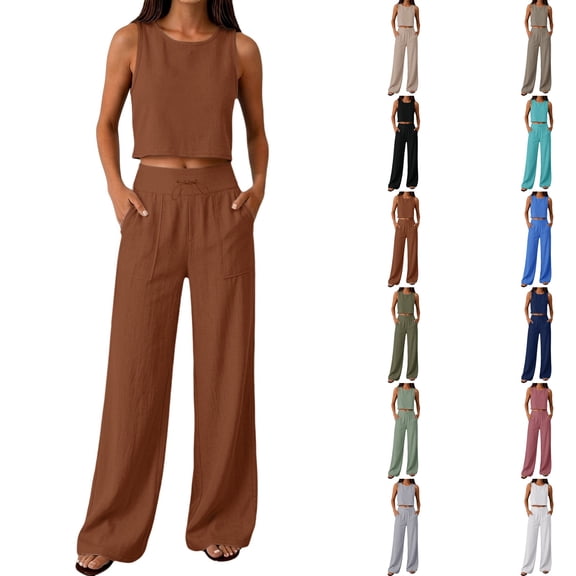 Linen Sets for Women 2 Piece Sleeveless Crop Tank Tops with Wide Leg Pants Casual Summer Cotton Gauze Outfits,Coffee S