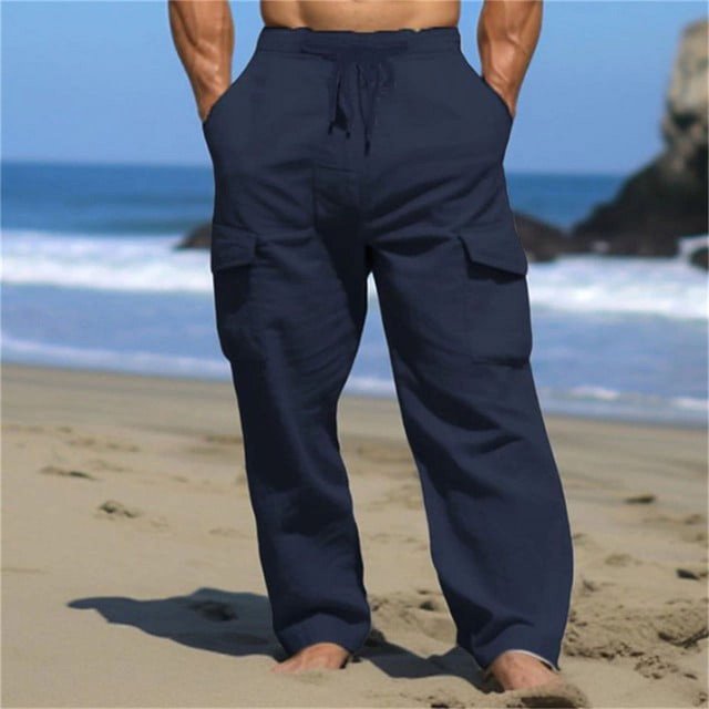 CHUANK Men‘s Solid Color Cargo Linen Drawstring Multi Pocket Straight Tube Plain Color Comfortable Breathable Outdoor Pants Year