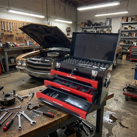 20-Inch Portable Steel Toolbox with 3 Drawers 4-Tier Tool Storage Box with Top Tray Metal Latches and Carry Handle Black and Red