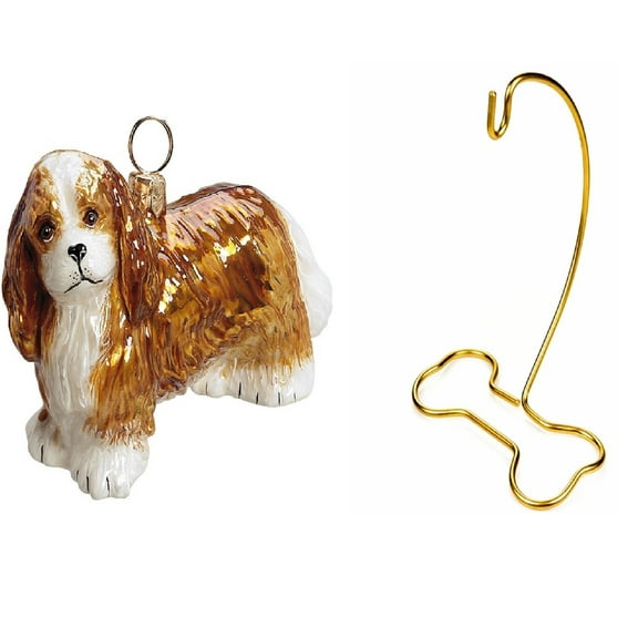 Cavalier King Charles Spaniel Blenheim Glass Ornament And Dog Bone Stand Set 2