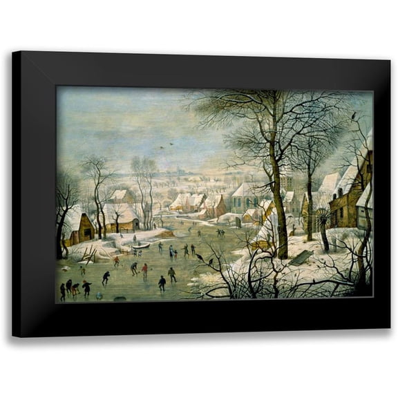 Bruegel, Pieter the Younger 14x11 Black Modern Framed Museum Art Print Titled - A Winter Landscape with Skaters and a Bird Trap