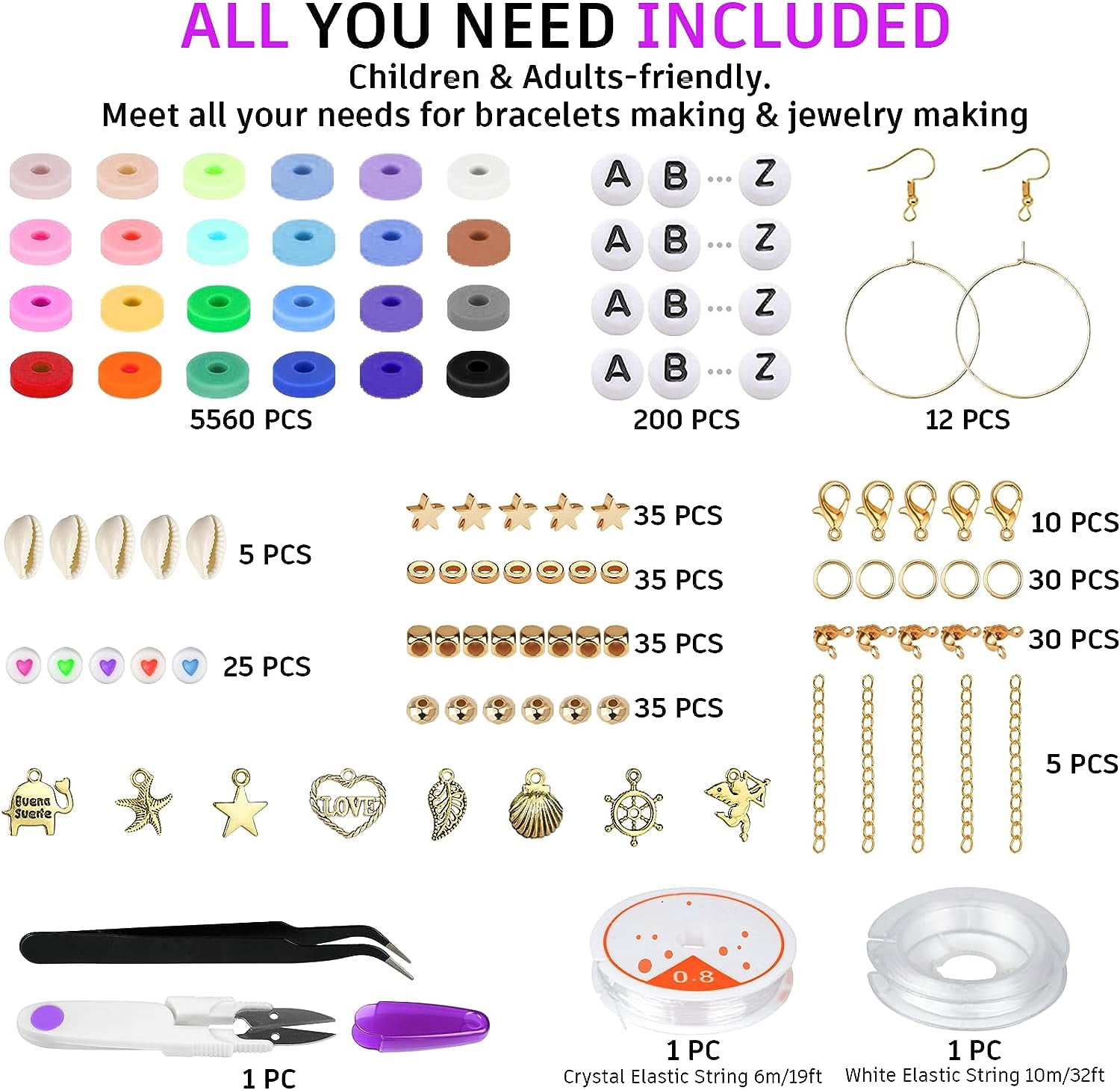 6000 Pcs Clay Beads Kit for Jewelry Making Kit, Heishi Beads for Girls, Polymer Clay Beads for Jewelry Making Kit, Flat Beads Preppy Bracelets Kit with Letter Beads for Girls 8-12, Preppy, Gift Pack