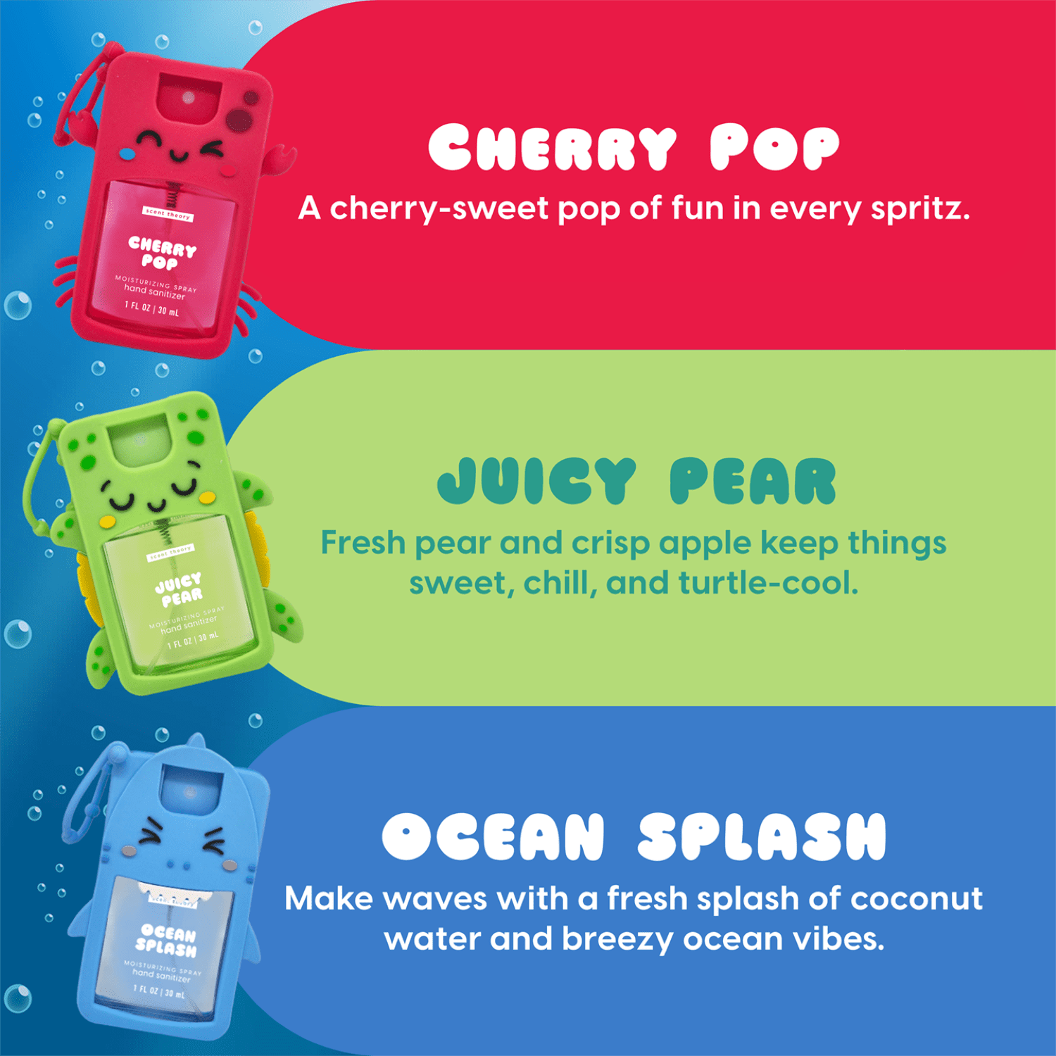 Scent Theory Underwater Friends Hand Sanitizer Spray Gift Set, 3 Sprays + 3 Clip-On Holders, 1 fl oz