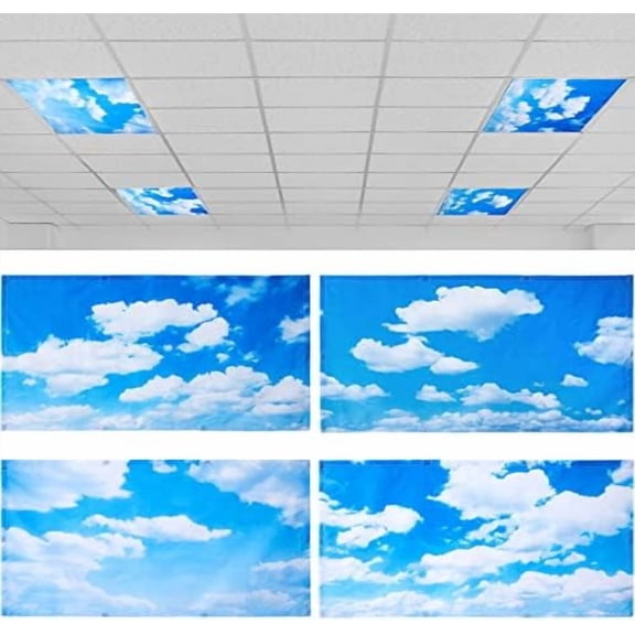 4 Pcs 4 x 2 Feet Fluorescent Light Covers for Ceiling Classroom Office Magnetic Filters Light Diffusers for Reducing Harsh Glare Flicker Home Decorations (Blue Sky Cloud)
