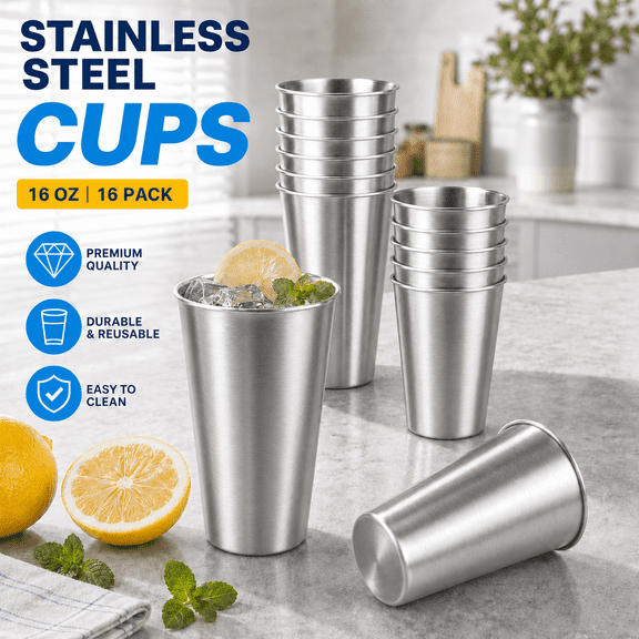 VALUNE 16Pack 16 oz Stackable Reusable BPA Free Stainless Steel Pint Cups, Stainless Steel Cup, Pint Cup Tumbler, Water Tumbler (16)