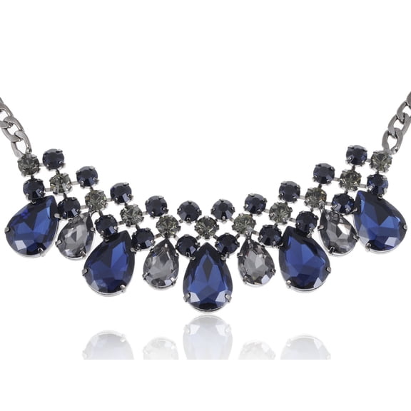 Black Tone Blue Faux Diamond Bead Transparent Rhinestone Collar Necklace