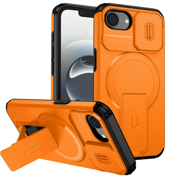 Dteck Magnetic Case for iPhone 16e,iPhone 17e Shockproof TPU PC Case Compatible with Mag Safe with Sliding Camera Lens Protection Kickstand Cover for iPhone 16e/17e,Orange