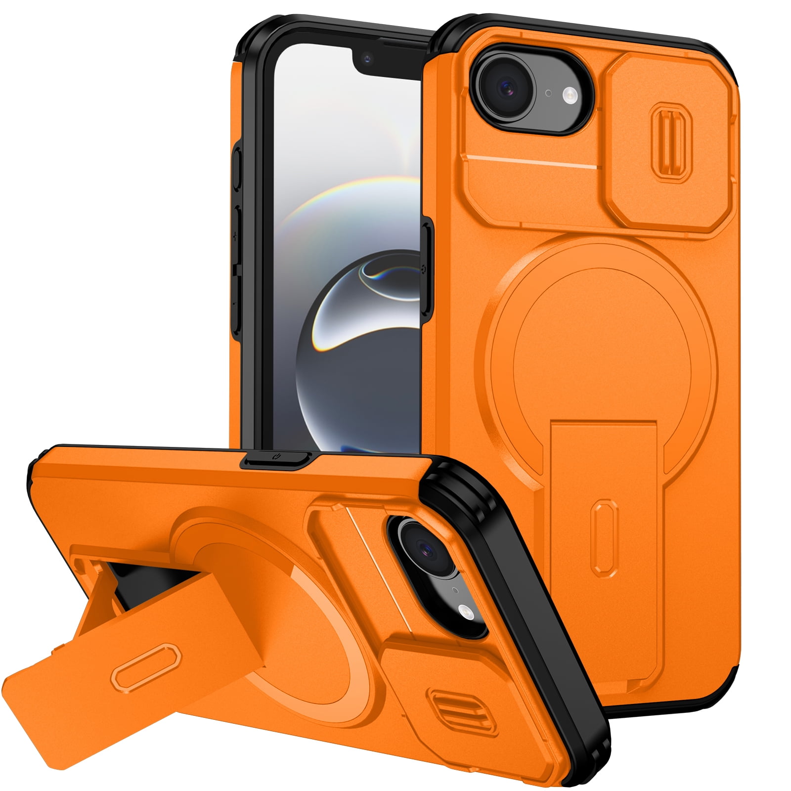 Dteck Magnetic Case for iPhone 16e,iPhone 17e Shockproof TPU+PC Case Compatible with Mag Safe with Sliding Camera Lens Protection Kickstand Cover for iPhone 16e/17e,Orange