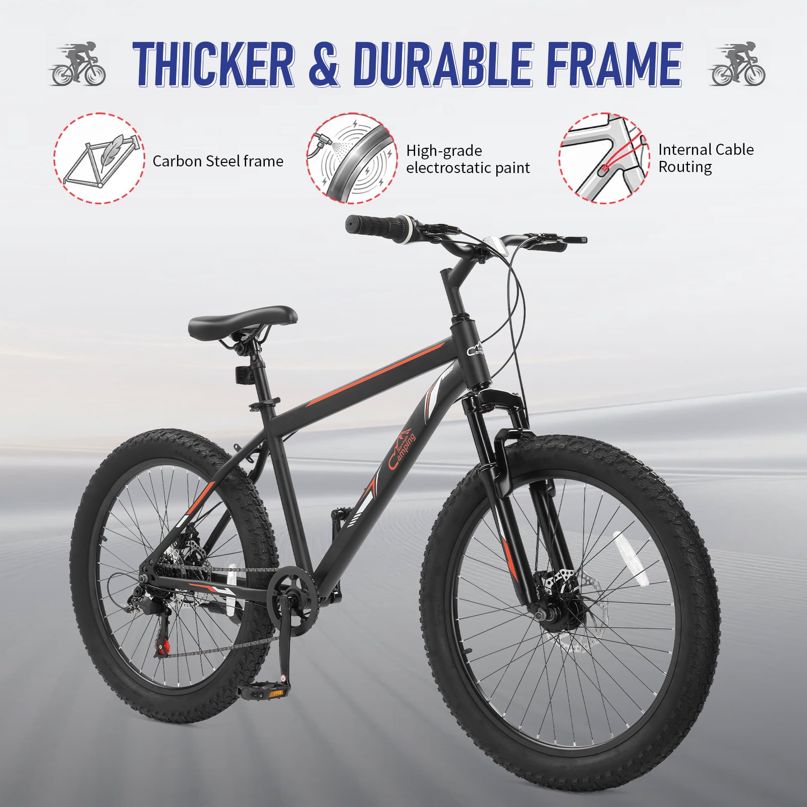 Ktaxon 24 Inch Fat Tire Mountain Bike 7 Speed, Dual Disc Brakes, Twist Shifter Bike for 5'4"+, Black