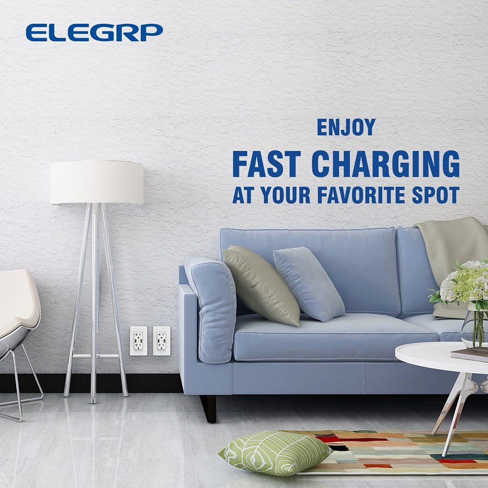 ELEGRP USB Wall Outlet Receptacle with Dual 4.0 A USB Ports, 20 Amp Duplex Tamper Resistant Receptacle, Charging Power Outlet with USB Ports, Wall Plate Included, UL Listed, 6PC, White