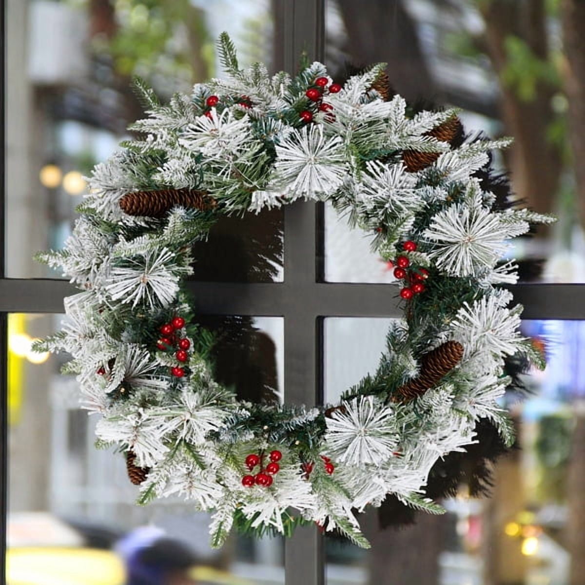 Alvantor 2-Pack 18 in Pre-Lit Snow-Flocked Christmas Wreaths with 60 Warm White LED Lights, 140 Tips, Red Berries and Pine Cones