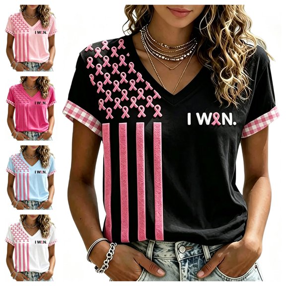 Urbanix Breast Cancer Shirts Women In Octobe We Wear Hummingbird Print Survivor T-Shirt Fashion Lightweight Short Sleeve V Neck Tops Black 2XL